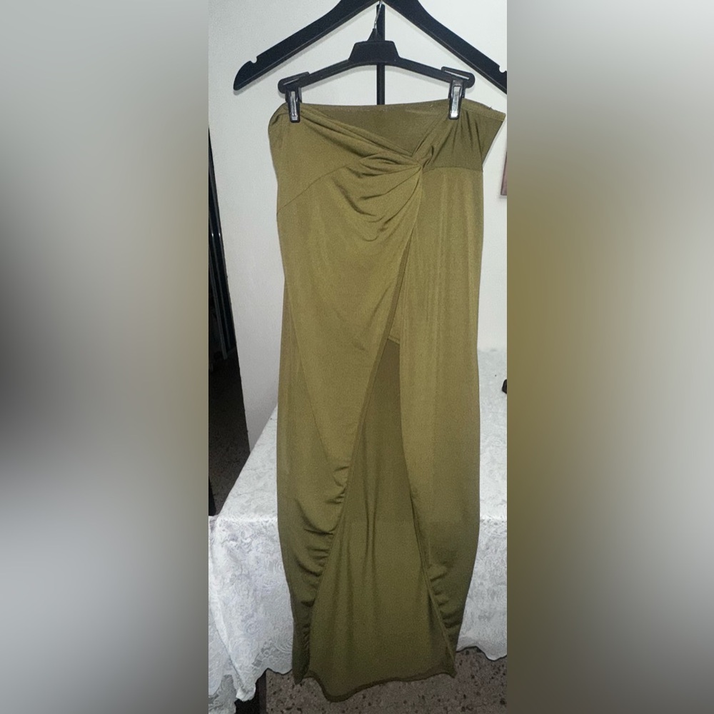 SHEIN Olive Green Maxi Skirt Large Chic Draped Ruched Front Elegant NWOT